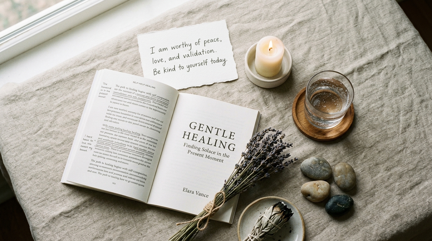 Composition bien-être avec livre, affirmations et objets apaisants pour soutenir une personne atteinte de trouble bipolaire