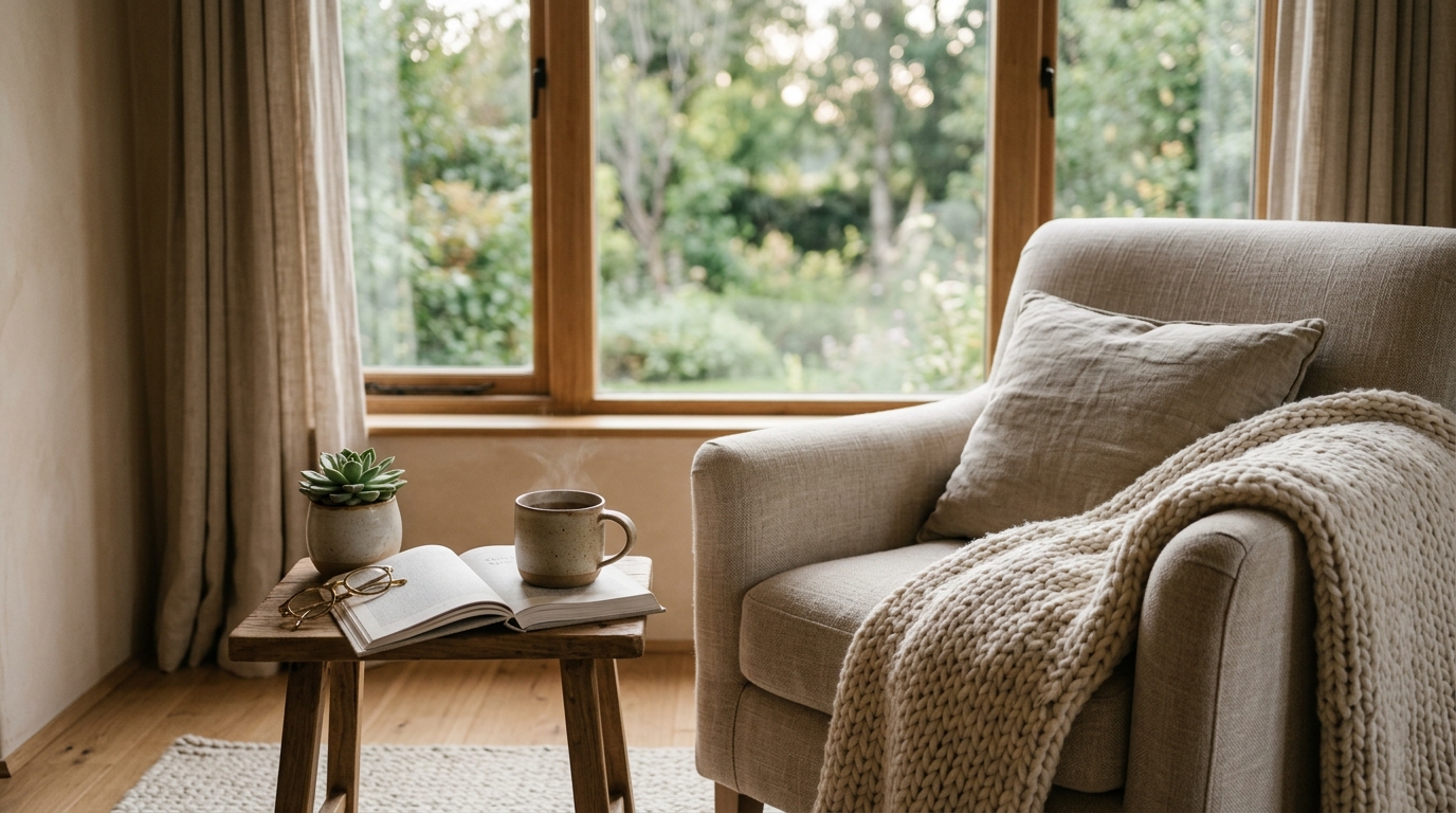 Espace de soutien bienveillant avec fauteuil confortable et lumière naturelle pour accompagner une personne bipolaire
