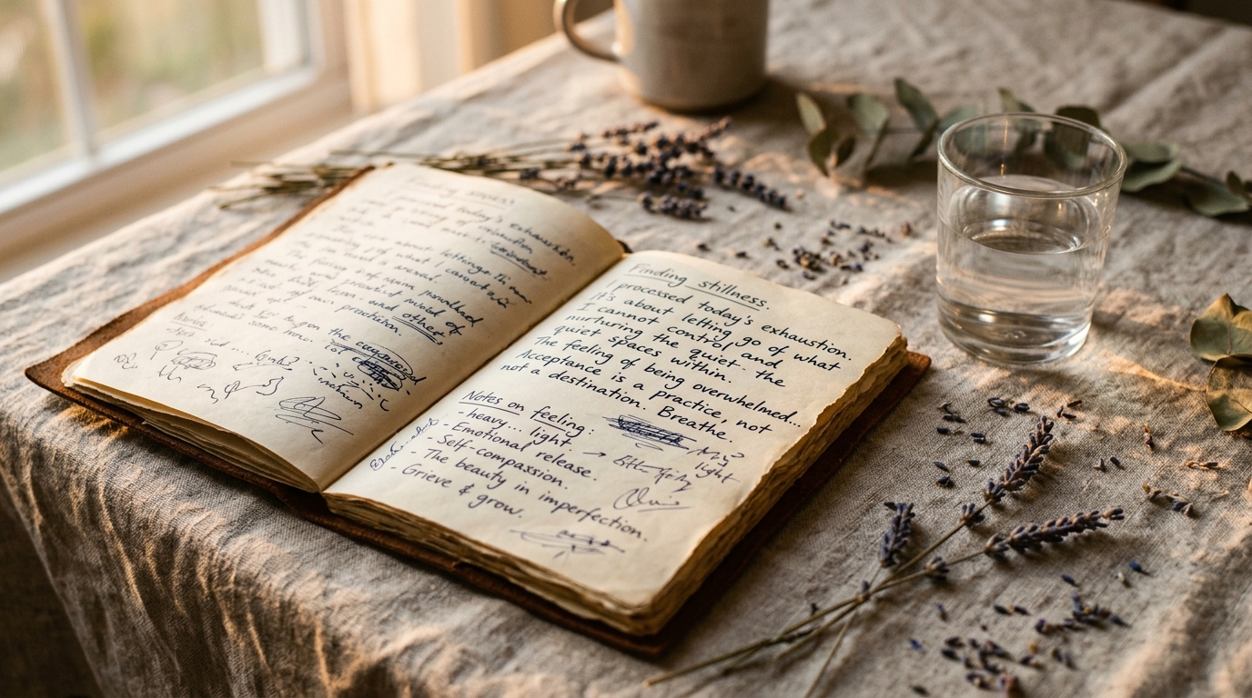 Journal ouvert avec notes sur la santé mentale et les émotions, illustrant la communication et l'écoute active