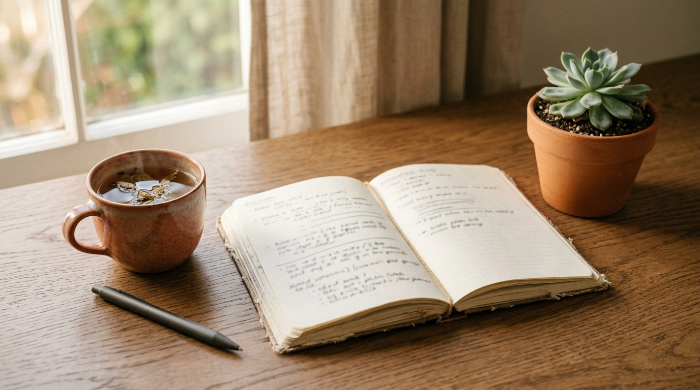 Nature morte avec carnet ouvert, tisane et plante sur bureau en bois clair