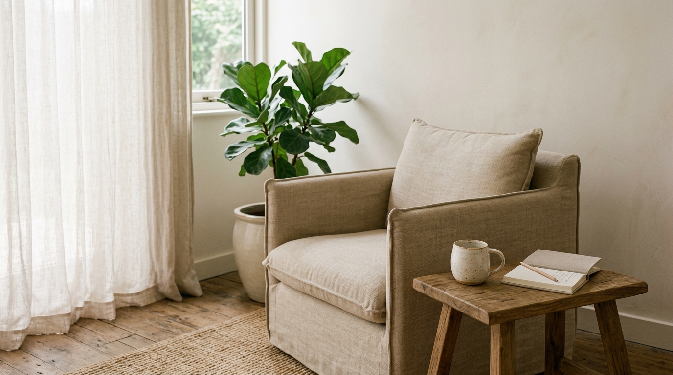 Intérieur calme et lumineux avec fauteuil vide, plante verte et carnet ouvert sur table en bois