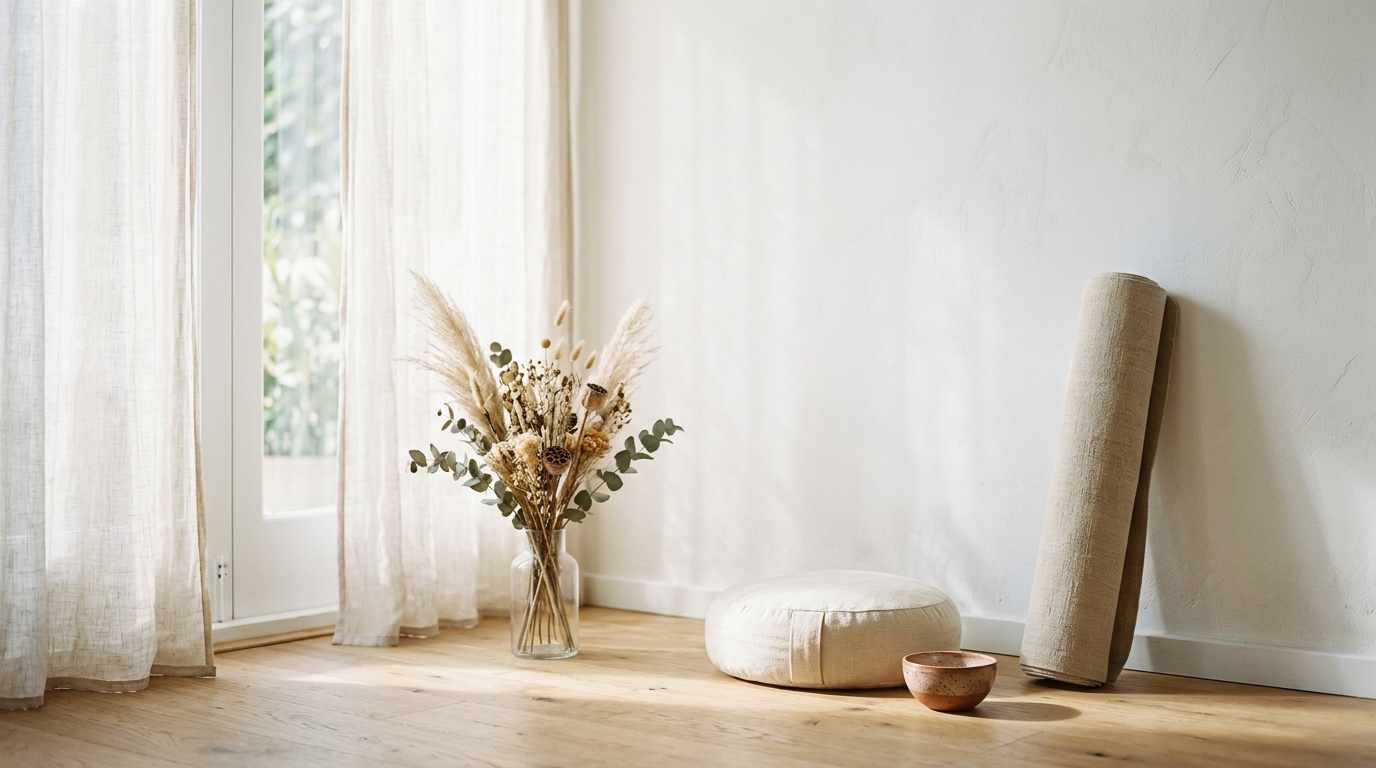 Studio bien-être minimaliste avec tapis de yoga roulé, coussin et lumière douce du matin