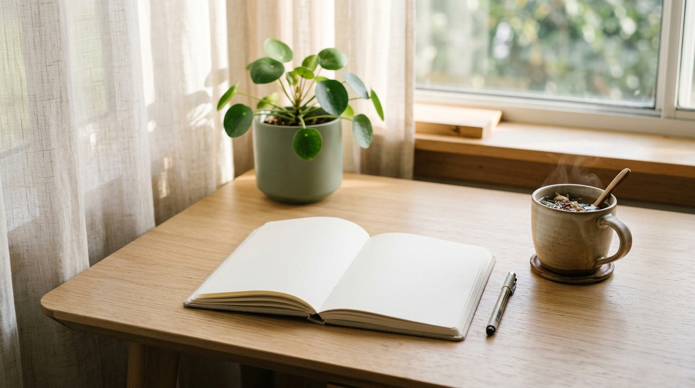 Bureau lumineux avec carnet ouvert, tasse de tisane et plante verte, lumière naturelle douce
