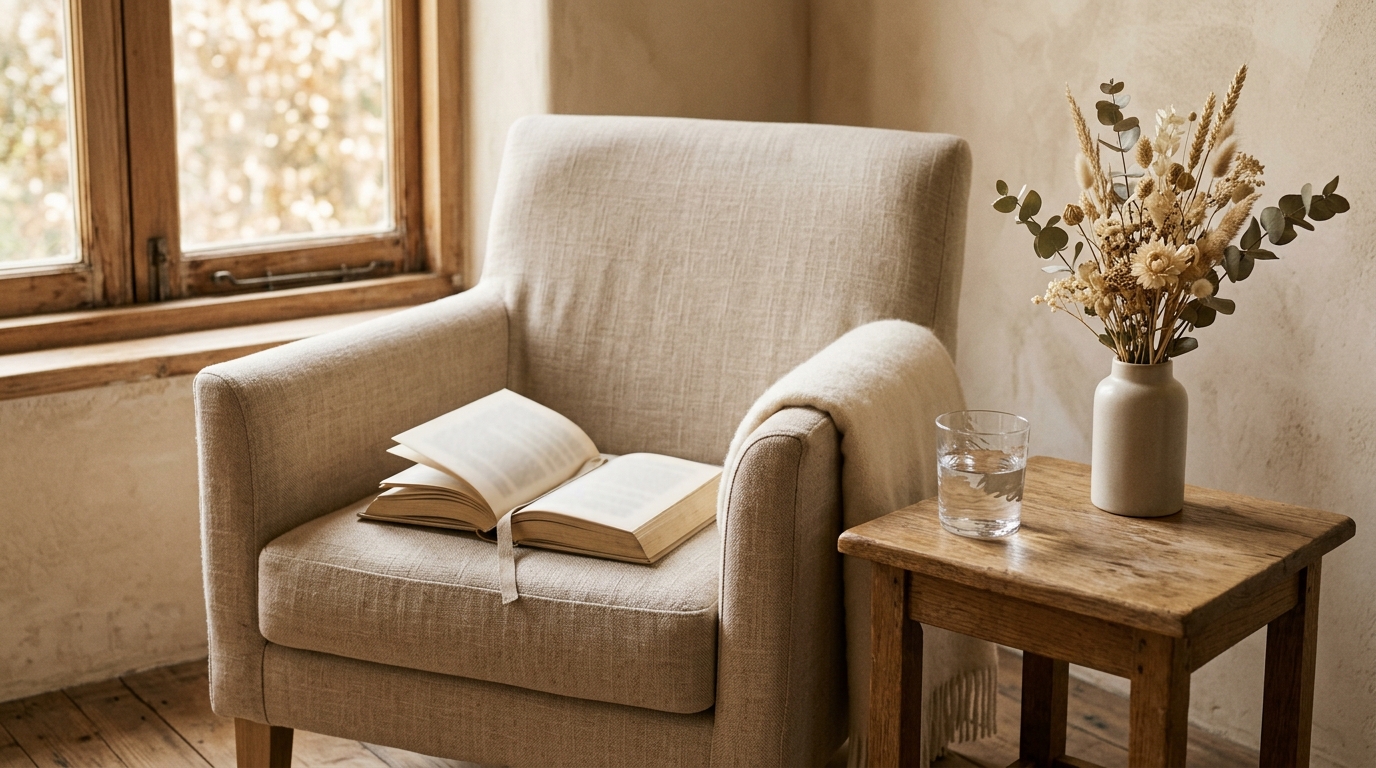 Coin lecture avec livre ouvert sur fauteuil en lin, fleurs séchées et lumière chaleureuse