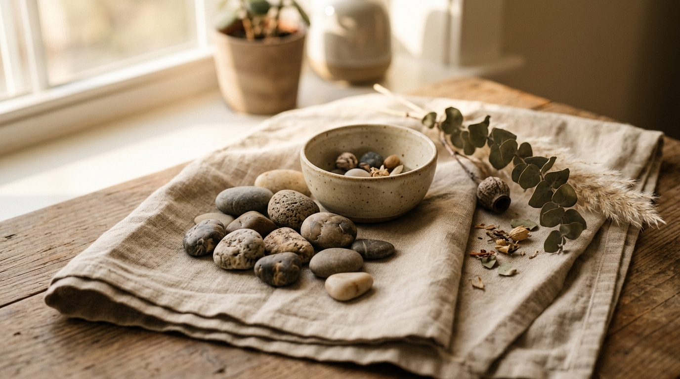Nature morte avec pierres naturelles sur lin beige, bol en céramique et lumière chaude
