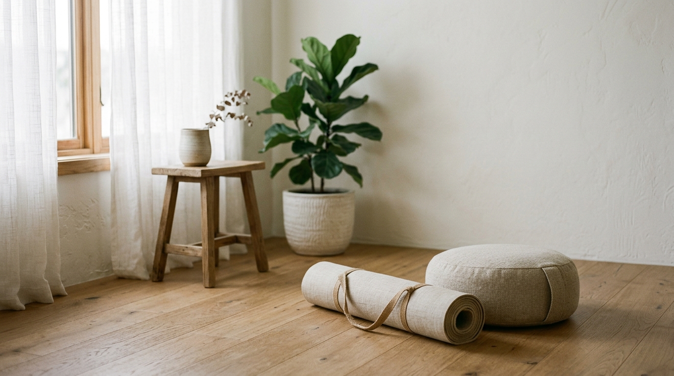 Espace calme avec tapis de yoga roulé, coussin de méditation et lumière naturelle douce