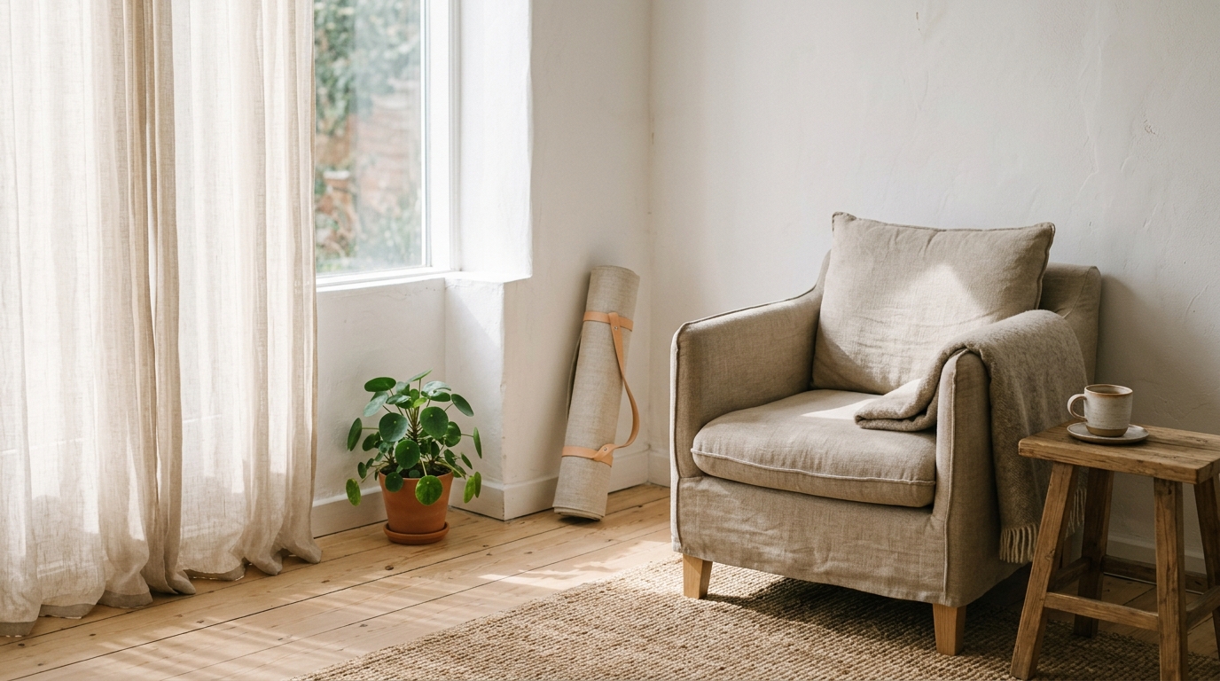 Intérieur calme et lumineux avec fauteuil vide, plante verte et tapis de yoga roulé