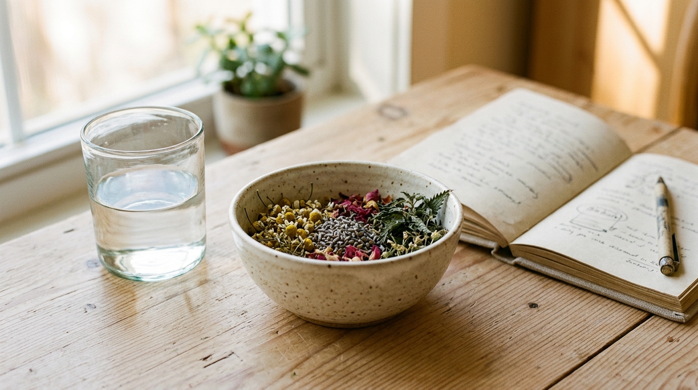 Nature morte avec carnet ouvert, tisane et herbes séchées sur table en bois clair