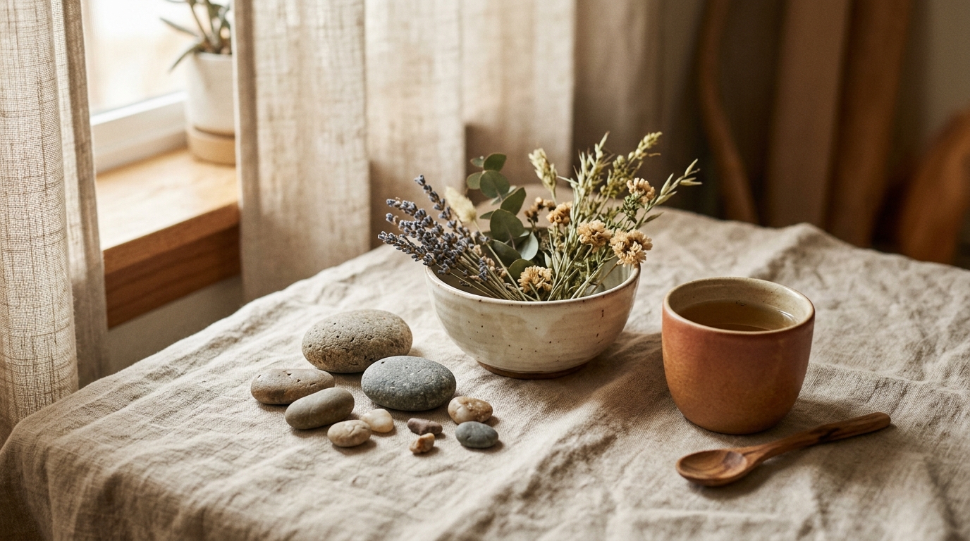 Pierres naturelles, fleurs séchées et bol en céramique sur lin beige clair