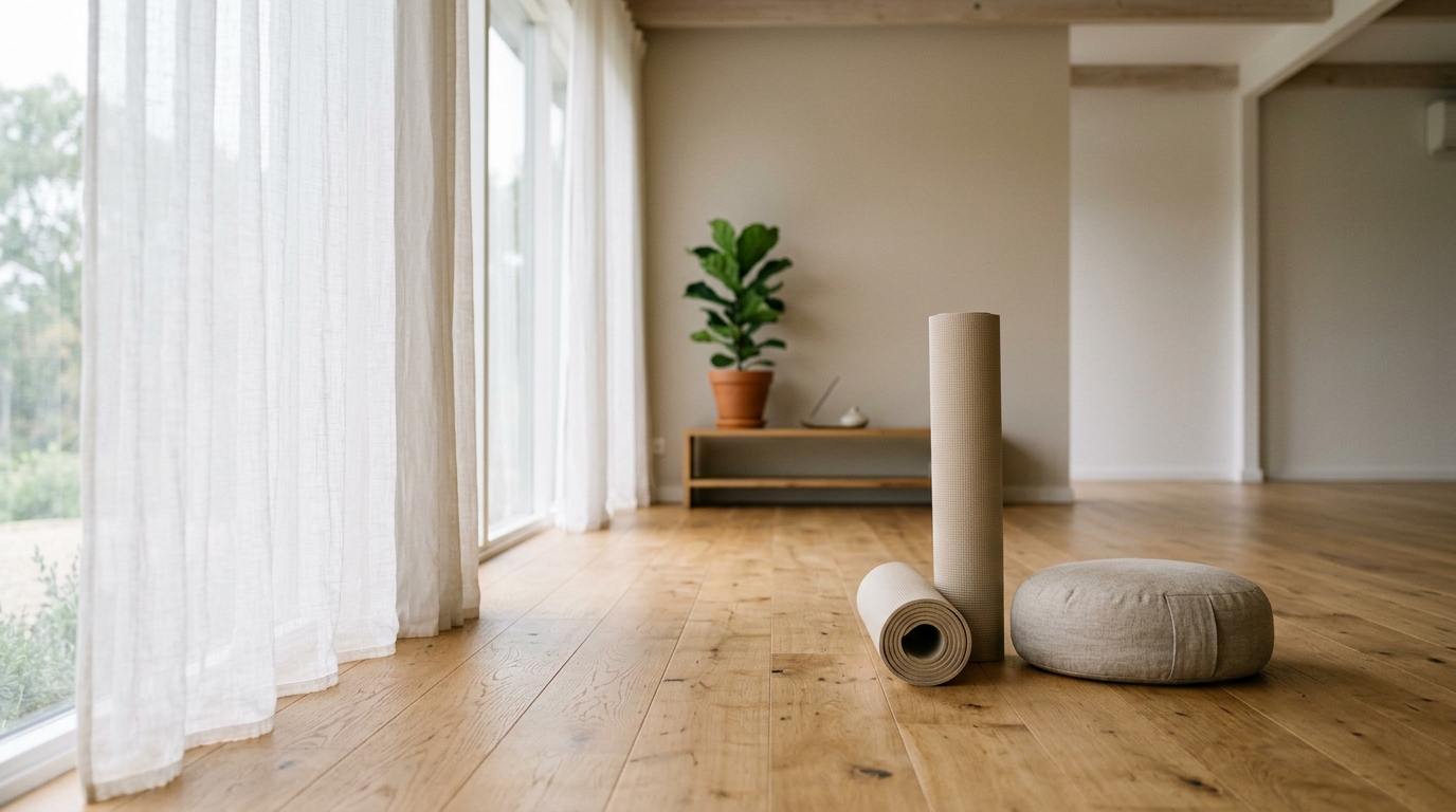 Studio de bien-être épuré avec tapis de yoga, coussin de méditation et lumière douce