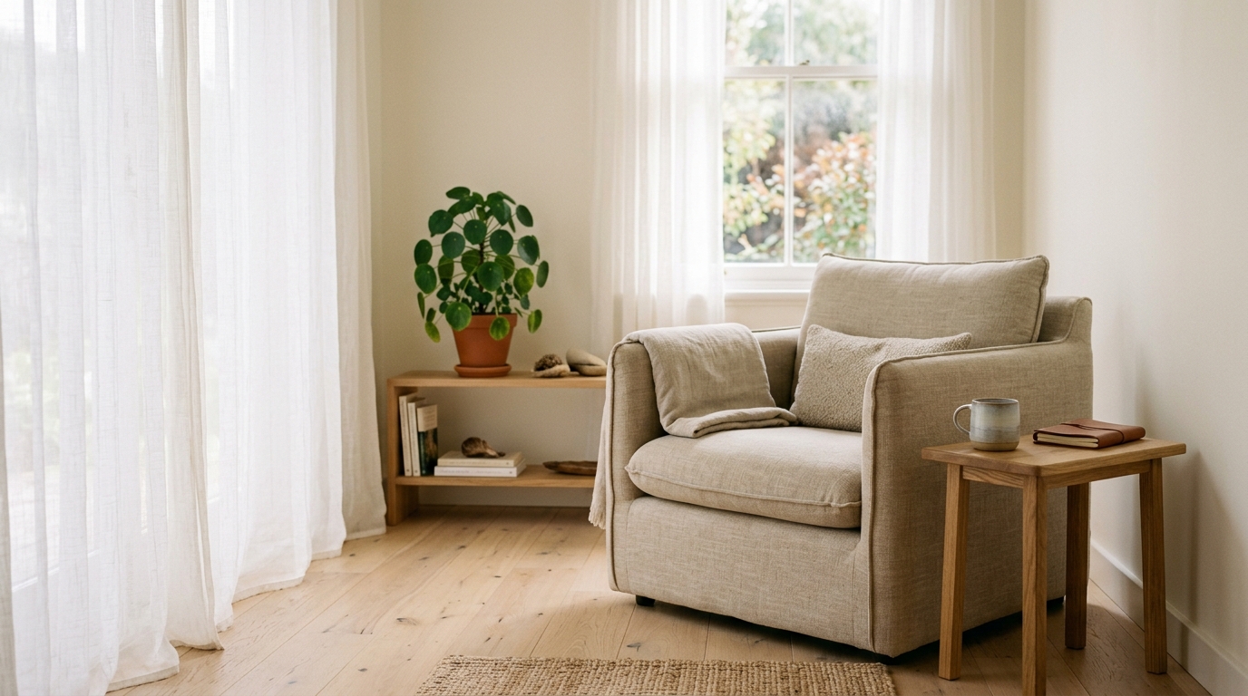 Pièce calme avec fauteuil en lin, table basse en bois et lumière naturelle douce