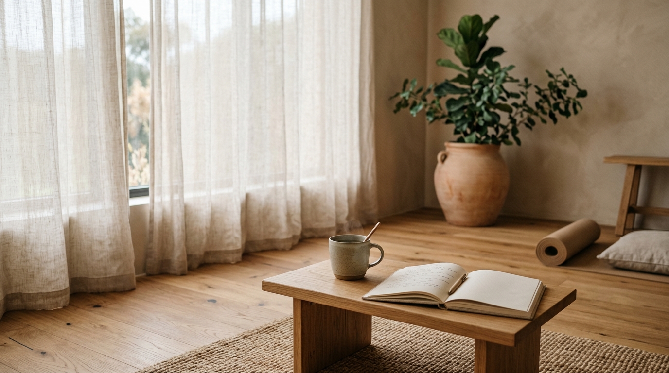 Intérieur calme avec tasse de tisane, carnet ouvert et plante verte dans la lumière naturelle