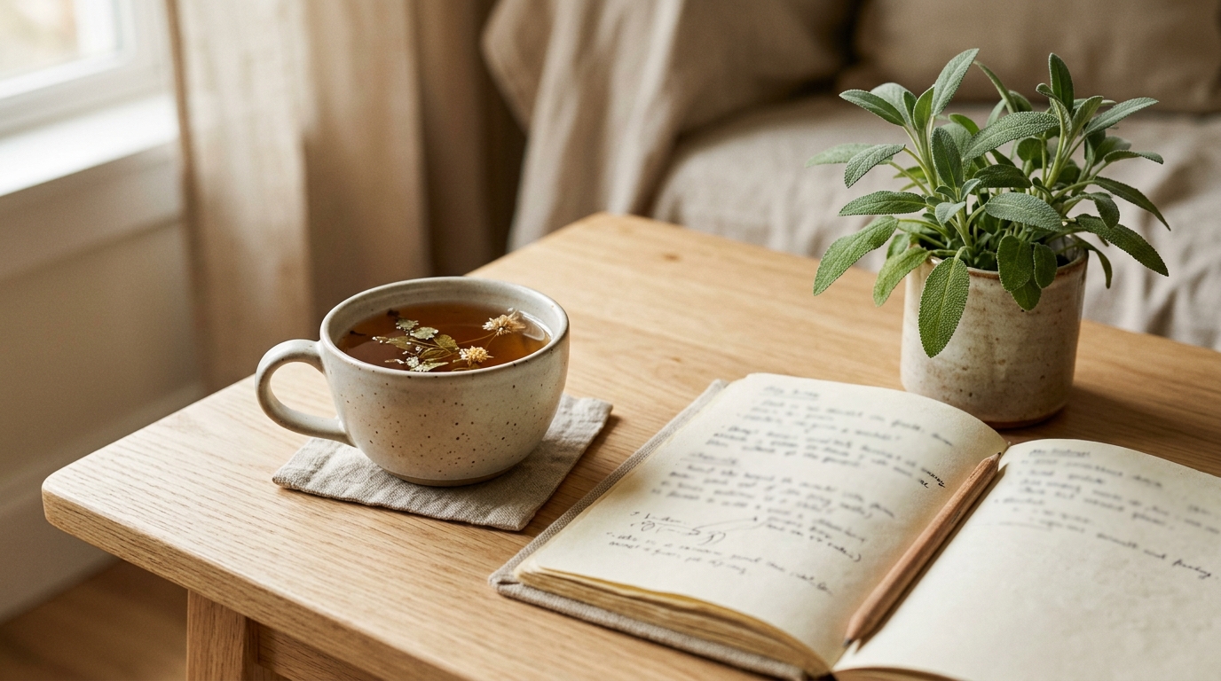 Nature morte avec tasse de tisane, carnet ouvert flou, plante verte et lumière chaude