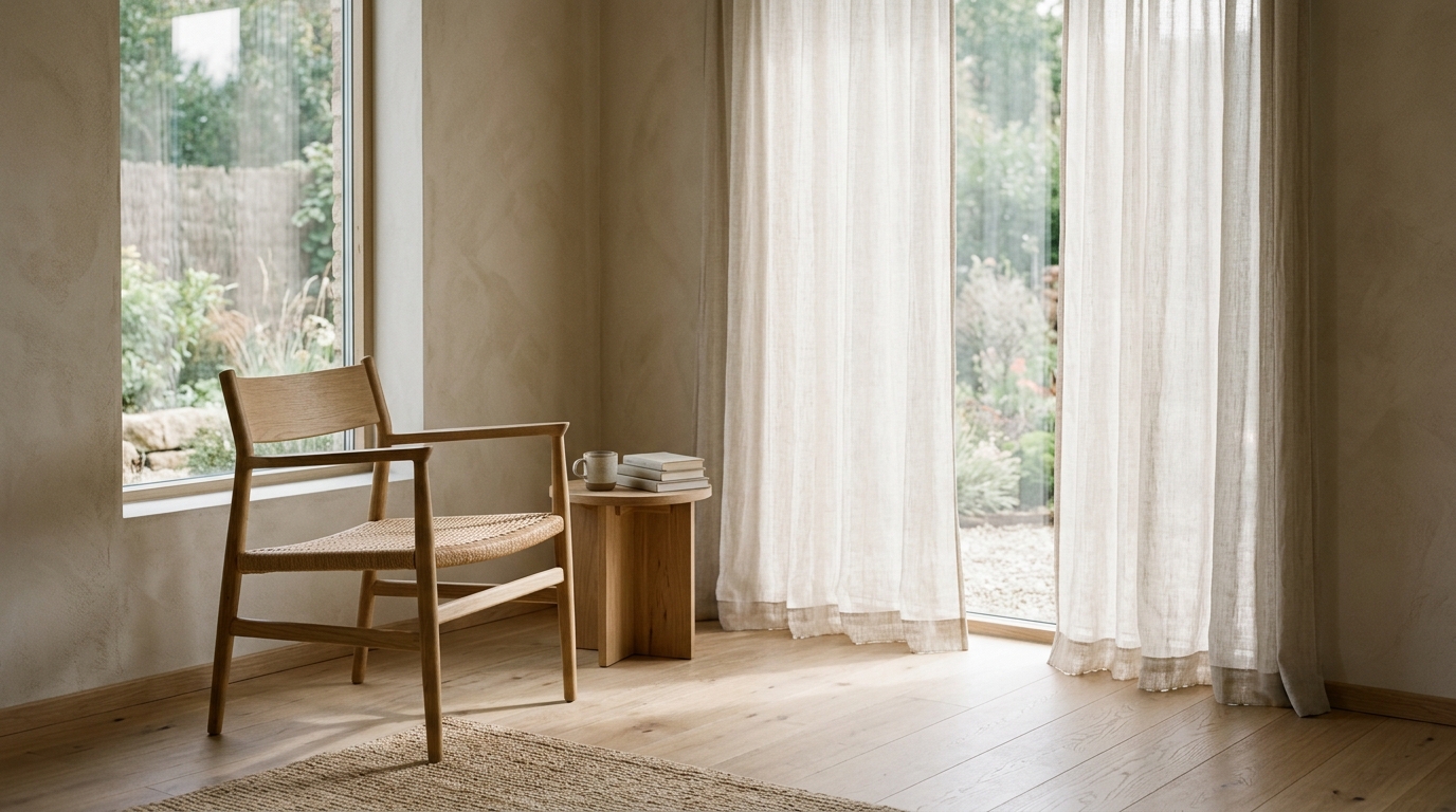 Pièce calme et minimaliste avec fauteuil vide, lumière naturelle douce et rideaux en lin