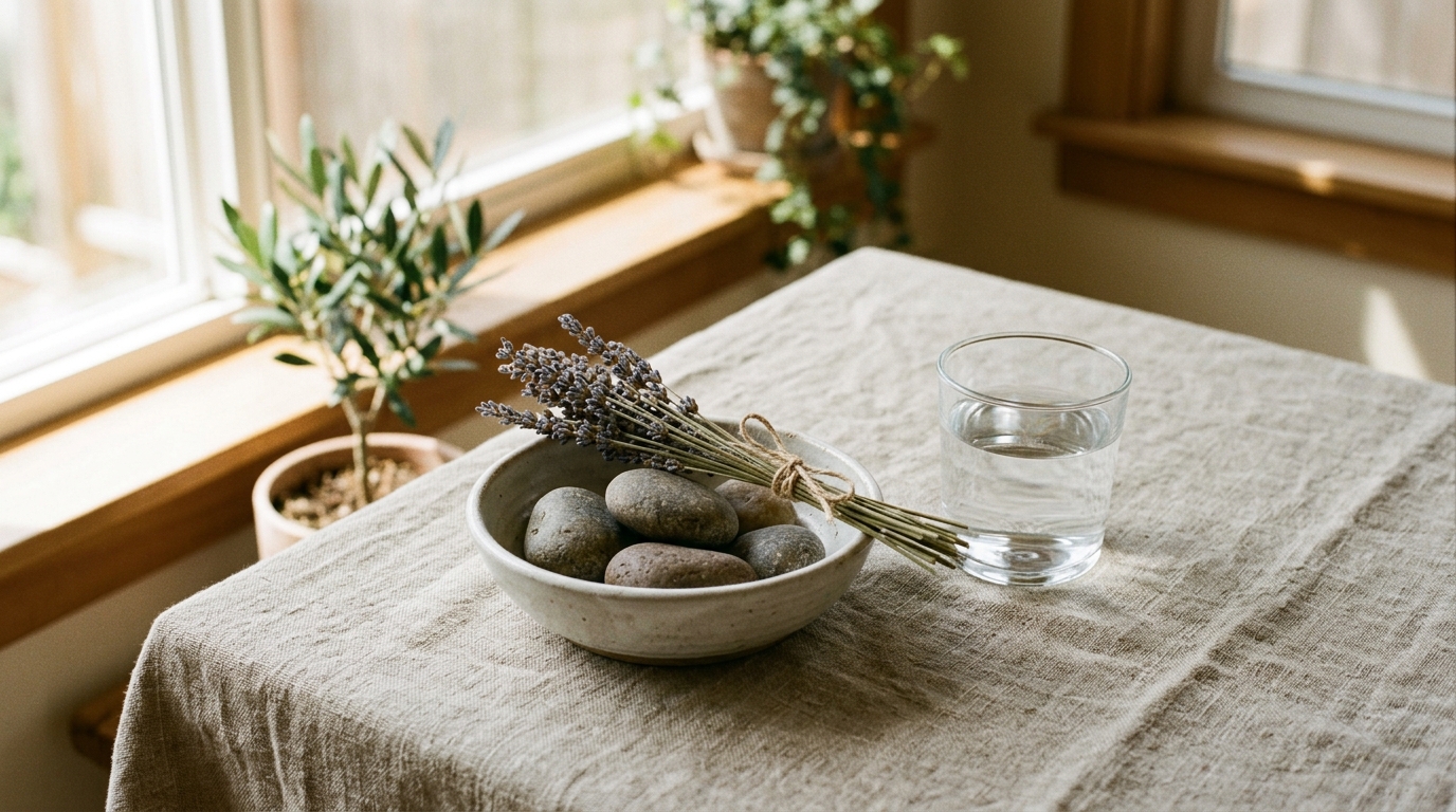 Objets naturels pour l'ancrage : pierres lisses, bol en céramique, lavande séchée et lumière chaude