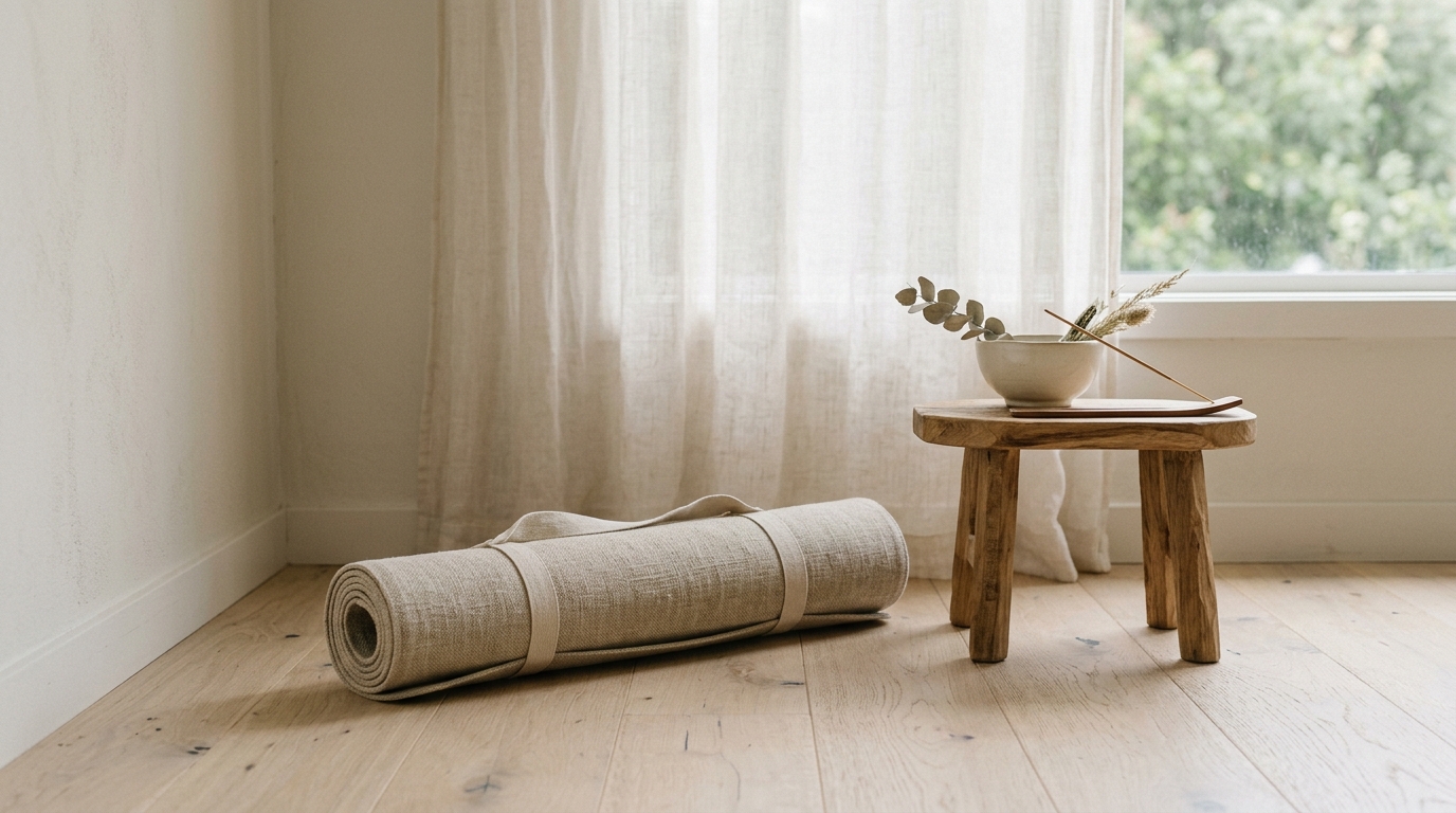 Studio bien-être minimaliste avec tapis de yoga roulé, bol en céramique et lumière douce du matin