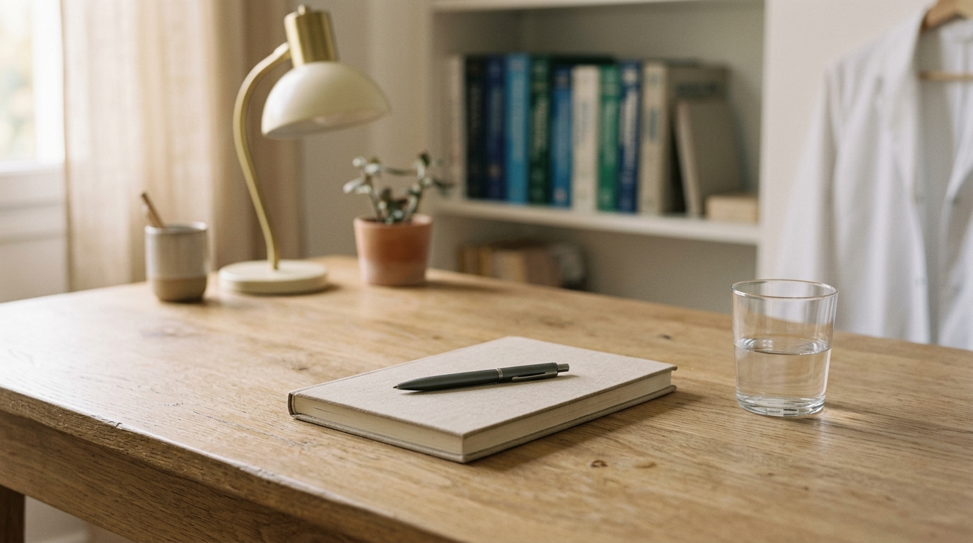 Bureau médical sobre avec carnet fermé, stylo et verre d'eau, lumière chaude, symbolisant l'écoute et la documentation clinique