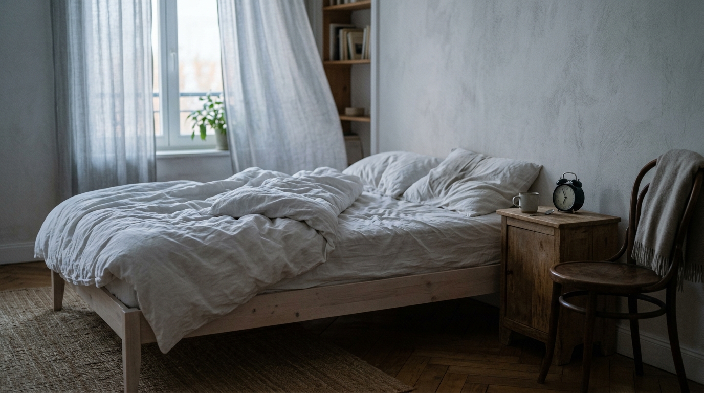Chambre calme au lever du jour avec lit défait, lumière grise douce, évoquant l'épuisement matinal de la fatigue chronique
