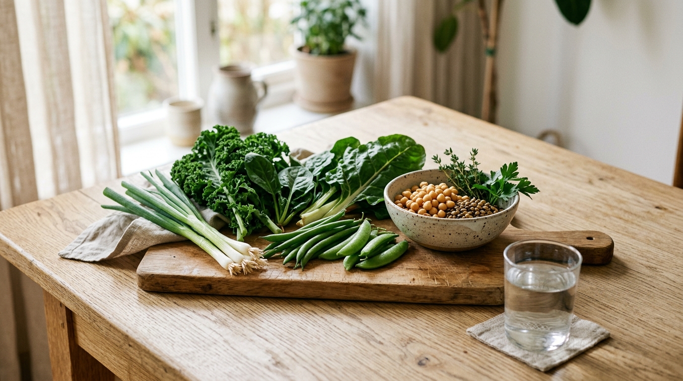 Aliments anti-fatigue et légumes verts sur une planche en bois pour illustrer l'impact de l'alimentation sur l'énergie