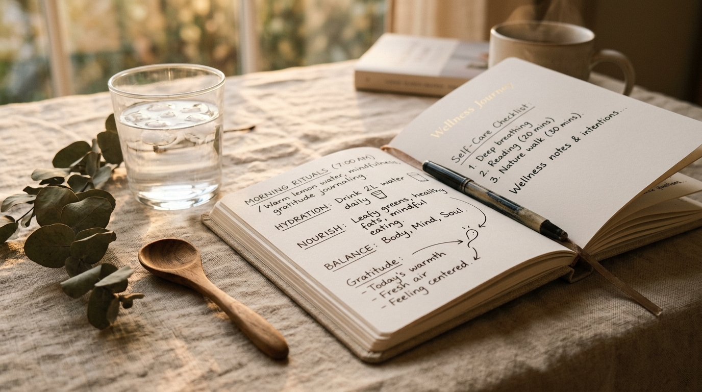 Carnet ouvert avec notes de bien-être, verre d'eau et feuilles séchées pour symboliser le suivi et la gestion de la fatigue