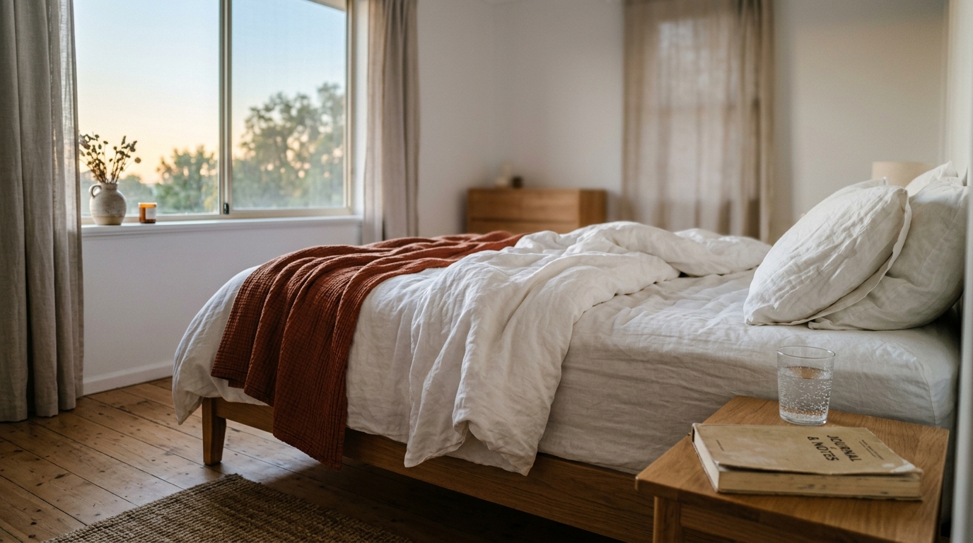 Chambre apaisante au lever du jour illustrant l'importance du sommeil réparateur contre la fatigue intense