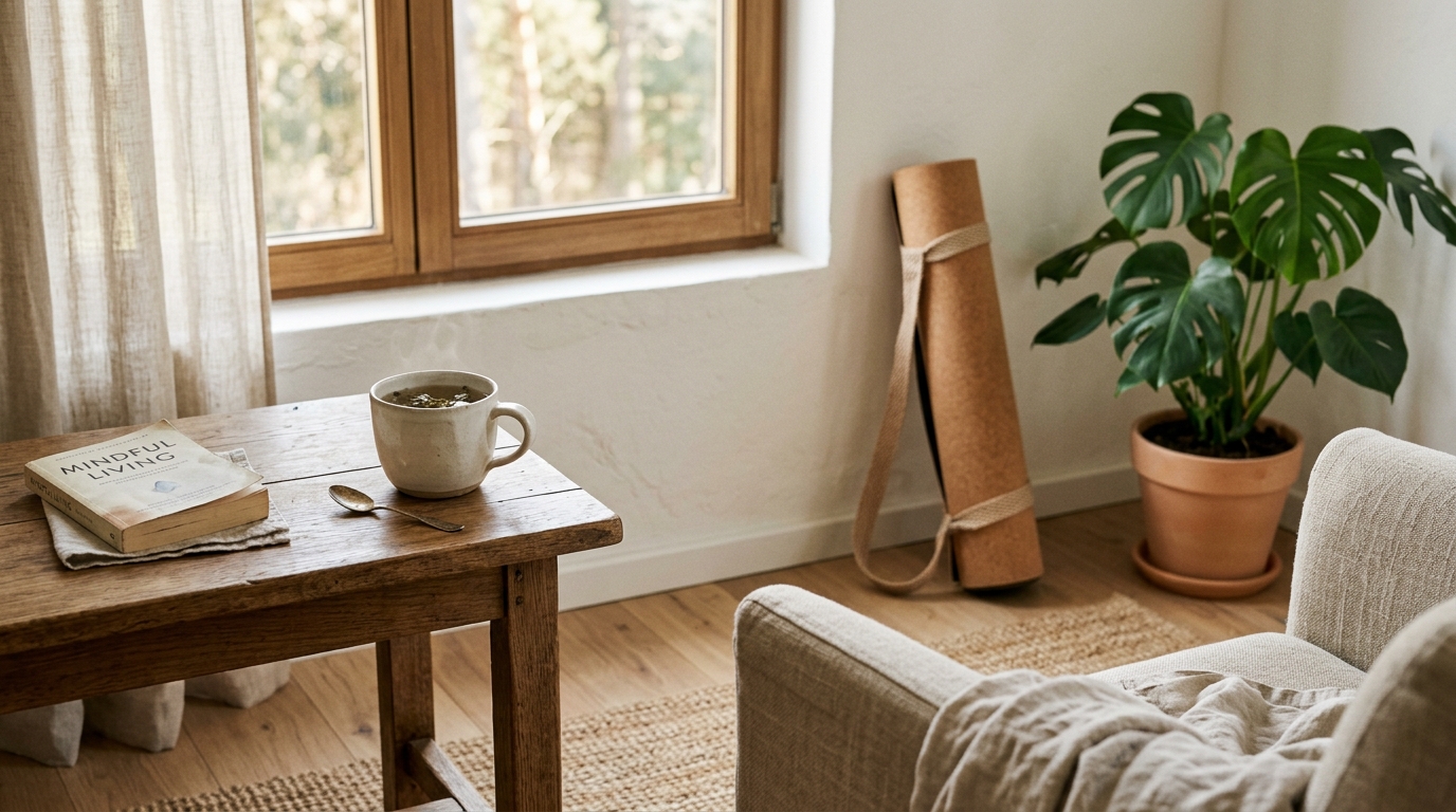 Espace de bien-être lumineux avec une tasse de thé aux herbes, un tapis de yoga et une plante verte pour illustrer la gestion de la fatigue intense