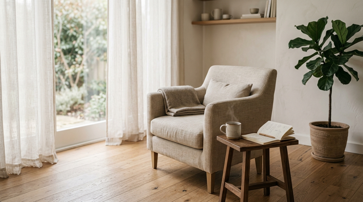 Cabinet de consultation calme avec fauteuil vide, lumière naturelle douce et plante verte