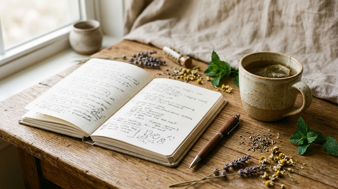 Nature morte avec carnet ouvert, tisane et herbes séchées sur bureau en bois clair