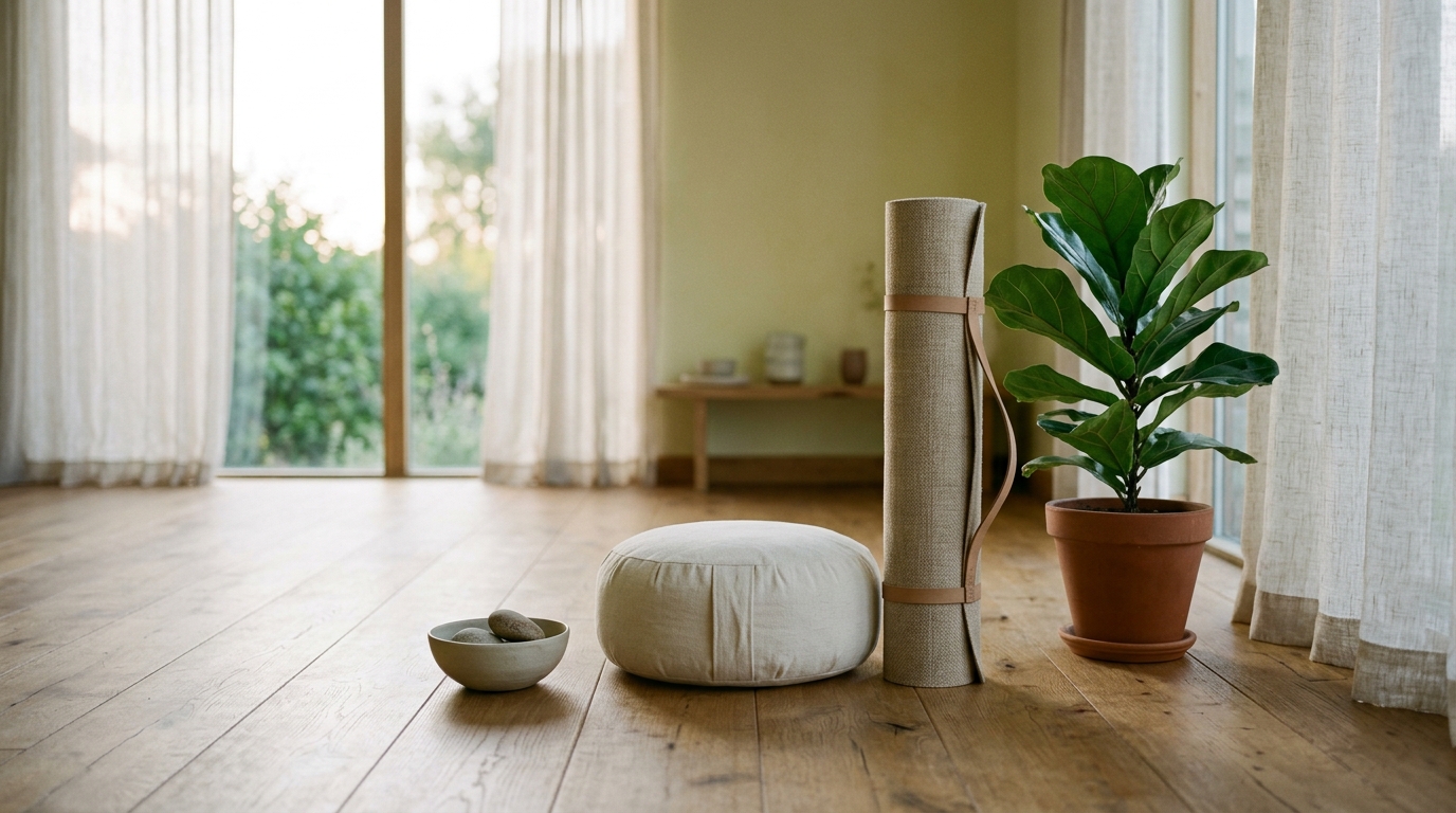 Espace bien-être minimaliste avec tapis de yoga roulé, coussin et lumière naturelle douce