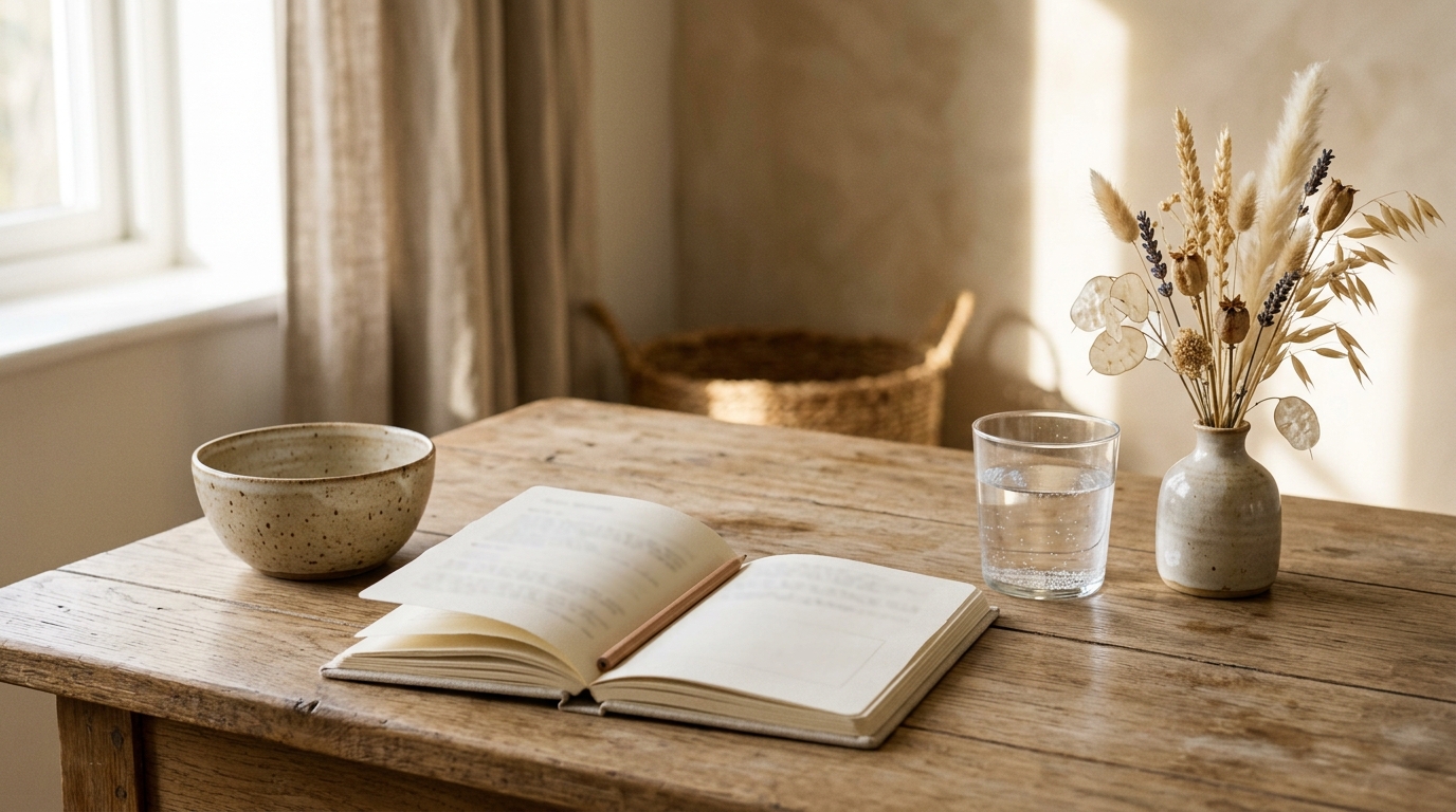 Table lumineuse avec bol céramique, verre d'eau et carnet ouvert, ambiance apaisante