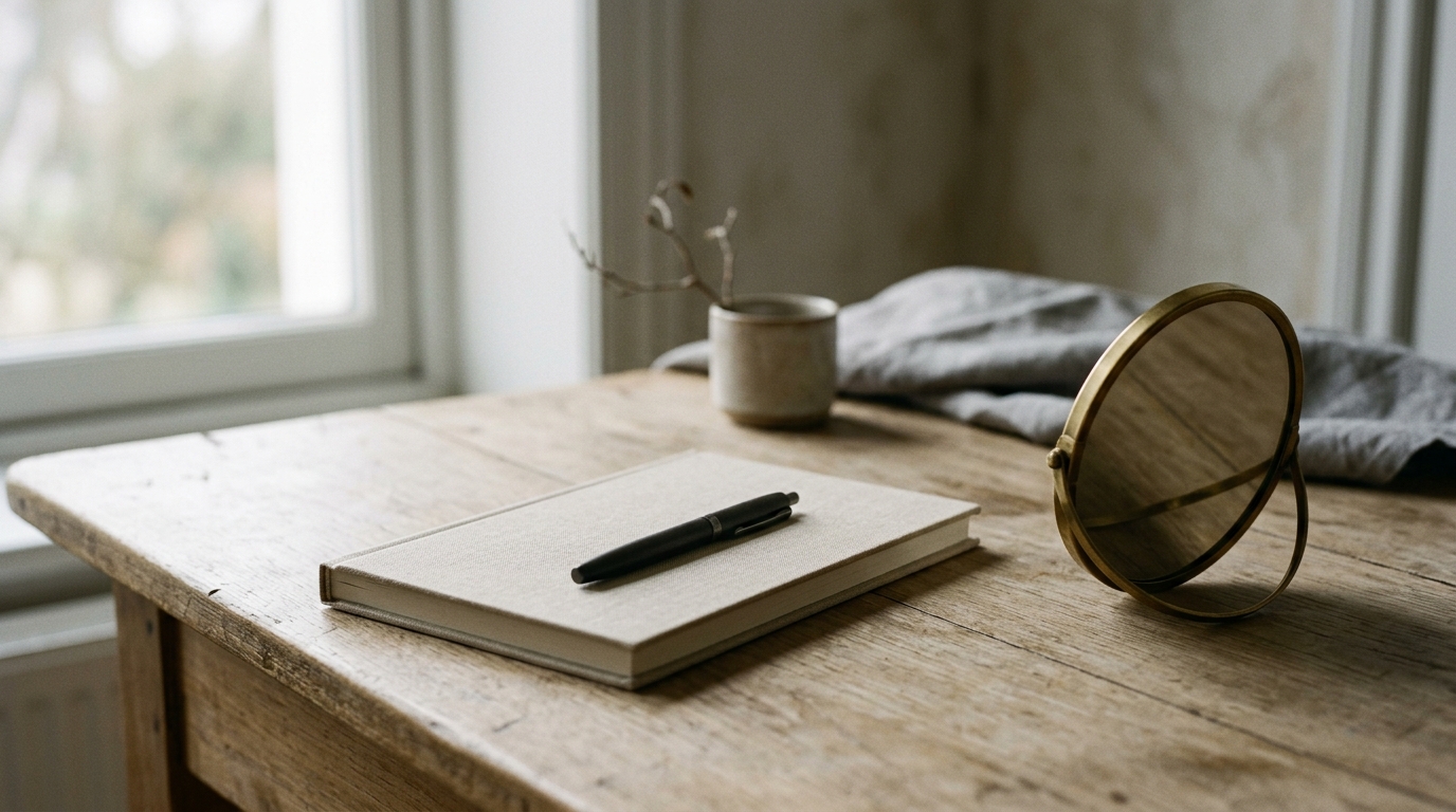 Bureau calme avec carnet fermé et petit miroir détourné, lumière naturelle douce, évoquant l'introspection et le conflit intérieur