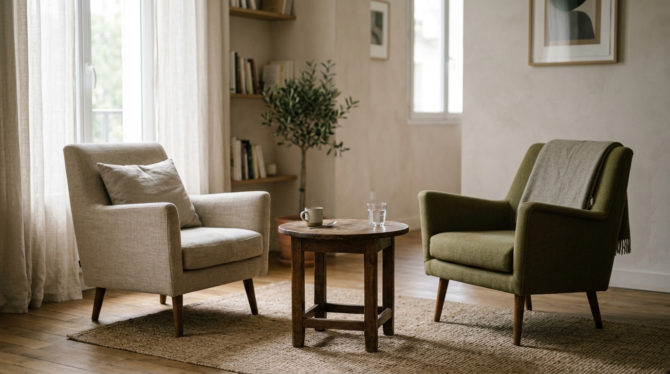Deux fauteuils vides face à face dans un salon neutre, lumière chaude, espace vide entre eux symbolisant la distance et les non-dits