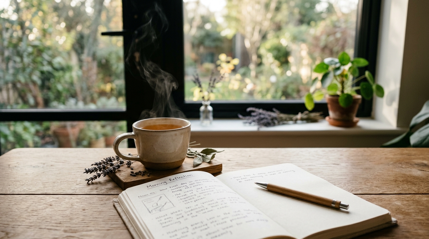 Carnet ouvert avec stylo et tasse de thé sur un bureau en bois, illustrant le lâcher prise par l'écriture libre