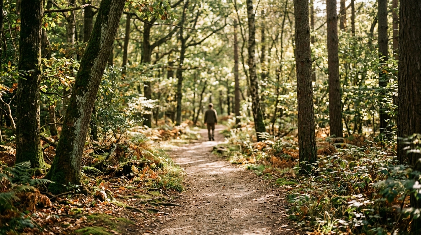 Sentier forestier avec lumière douce et silhouette lointaine en marche, illustrant le lâcher prise par le mouvement en nature