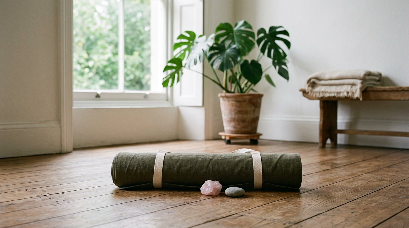 Tapis de yoga roulé près d'une fenêtre lumineuse avec plante verte, symbolisant le lâcher prise par le mouvement
