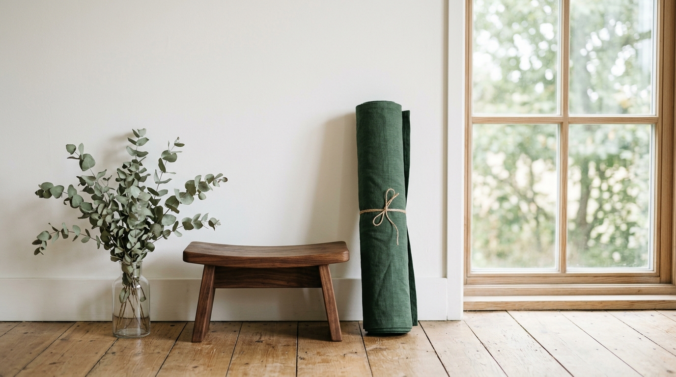 Espace de pratique des accords toltèques avec tapis de méditation et lumière naturelle douce