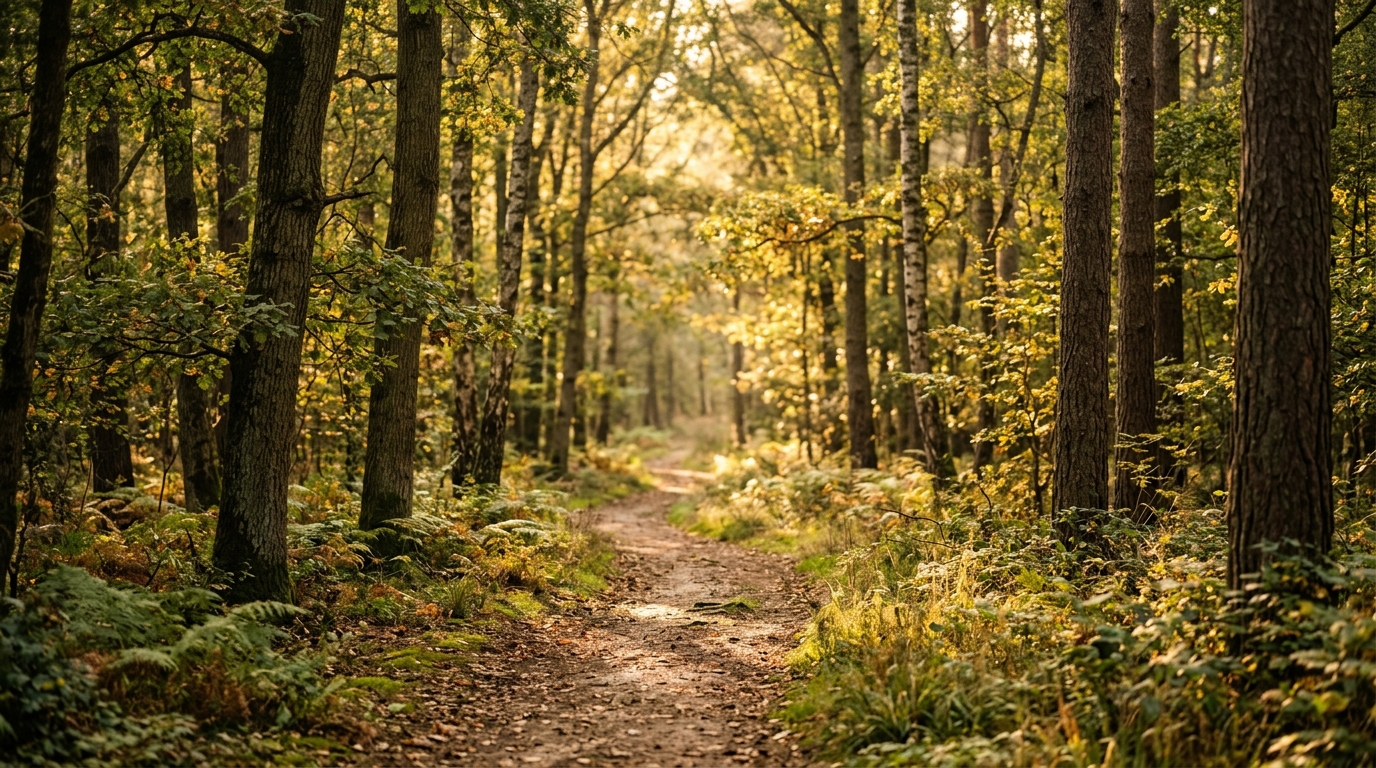 Chemin forestier en lumière dorée symbolisant le parcours de transformation des 4 accords toltèques