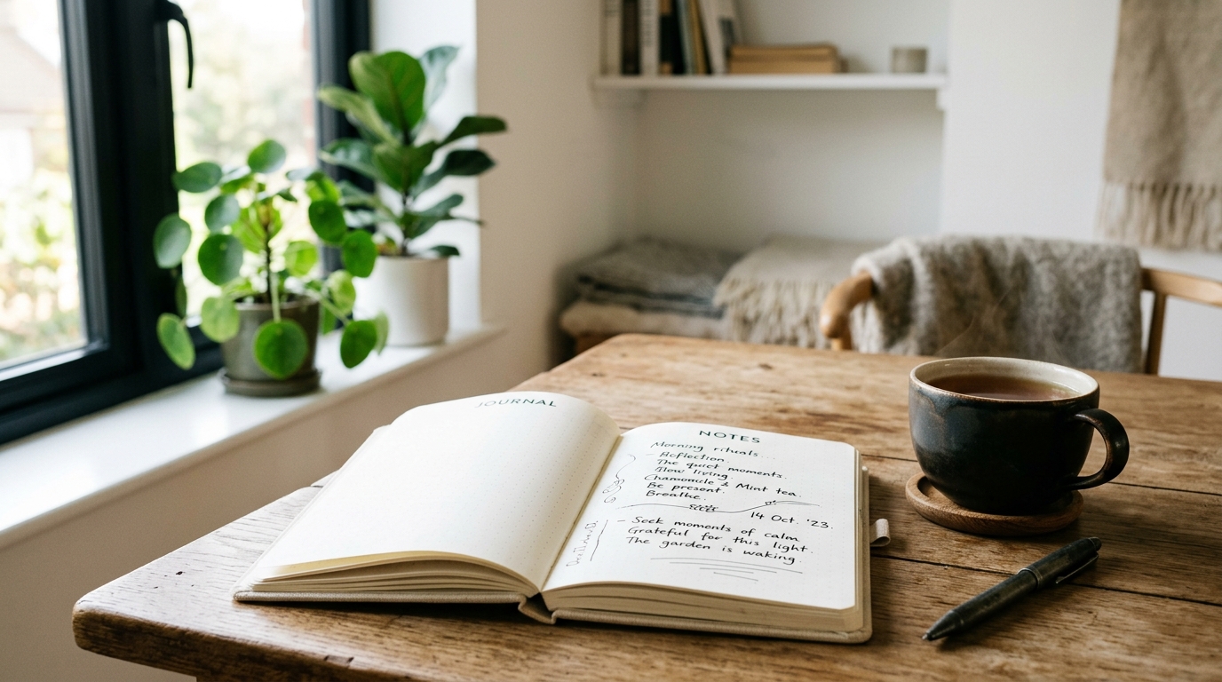 Livre ouvert sur les 4 accords toltèques avec une tasse de thé dans un cadre de développement personnel lumineux