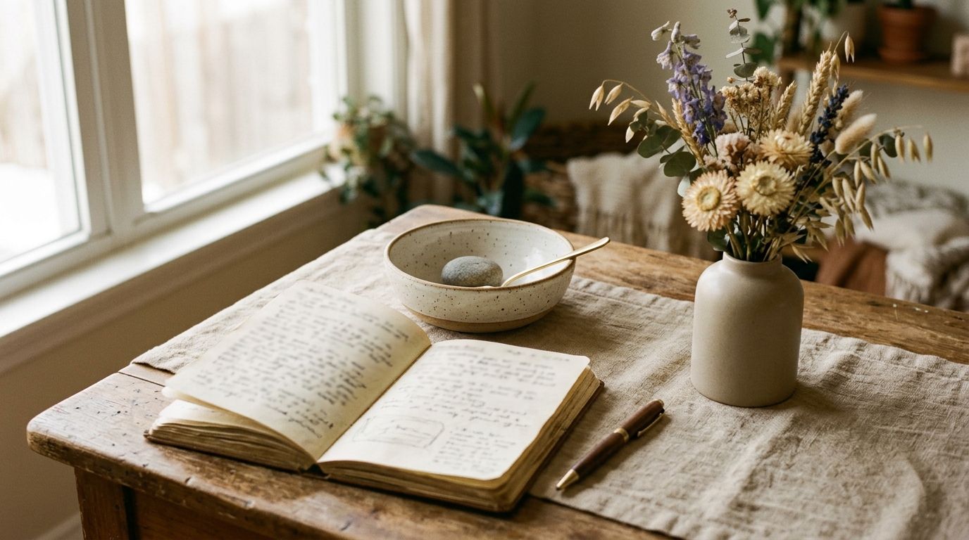 Nature morte éditoriale avec carnet, pierre naturelle et fleurs séchées sur bureau en bois