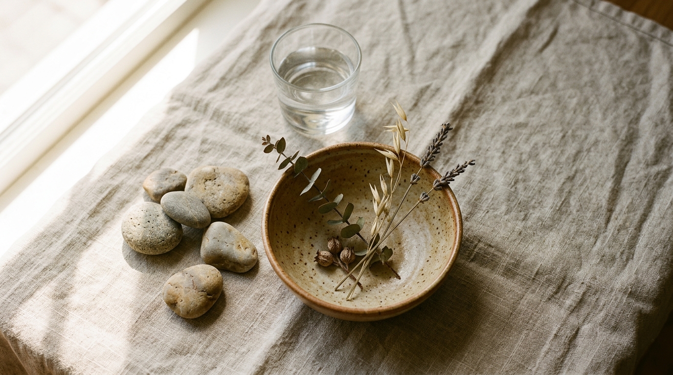 Composition minimaliste avec pierres naturelles, bol en céramique et éléments botaniques séchés