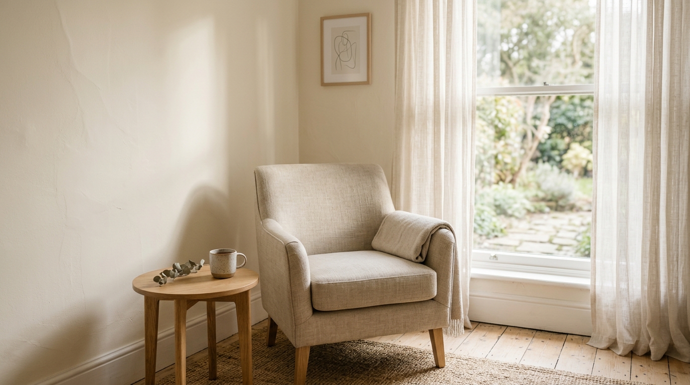 Pièce de consultation vide avec fauteuil en lin, lumière douce et ambiance sereine