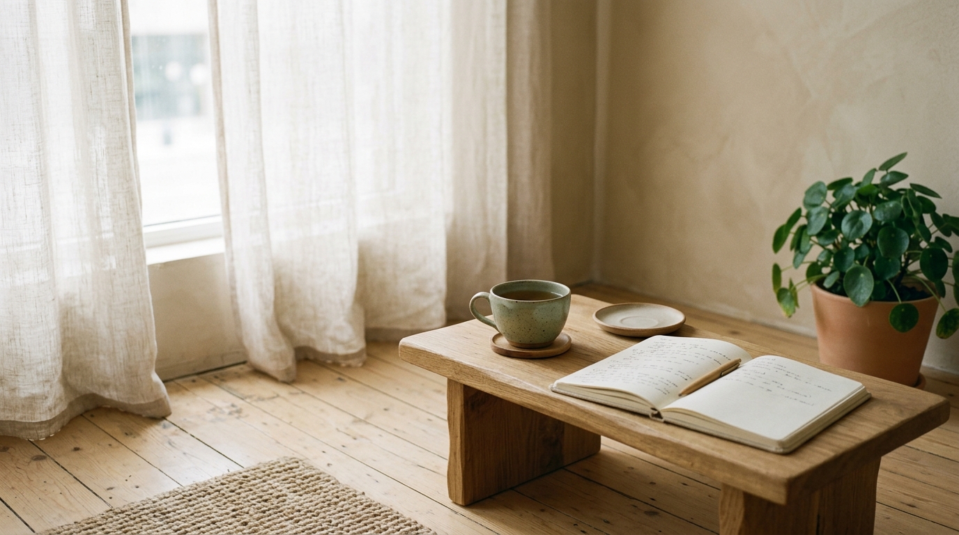 Intérieur calme avec lumière naturelle, carnet ouvert et tasse de tisane sur table en bois