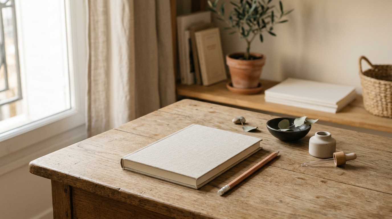 Bureau calme avec carnet fermé et crayon, évoquant l'évaluation cognitive et la réflexion clinique
