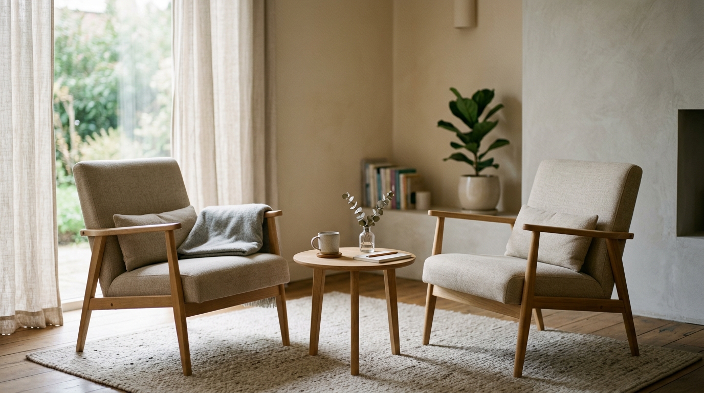 Deux fauteuils vides dans un espace de consultation calme, symbole d'écoute et de dialogue