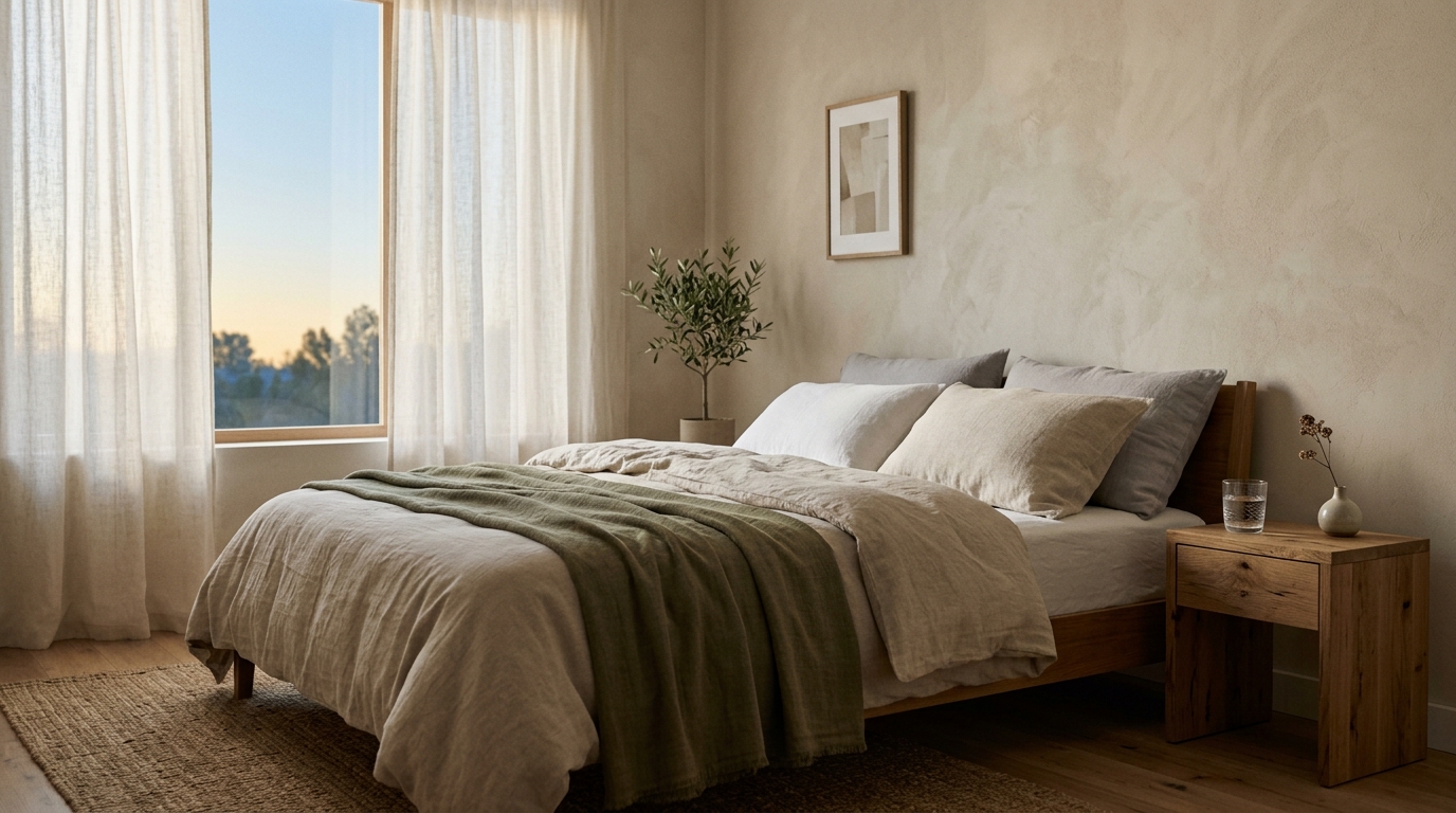 Chambre calme baignée de lumière naturelle douce avec lit vide et rideaux en lin