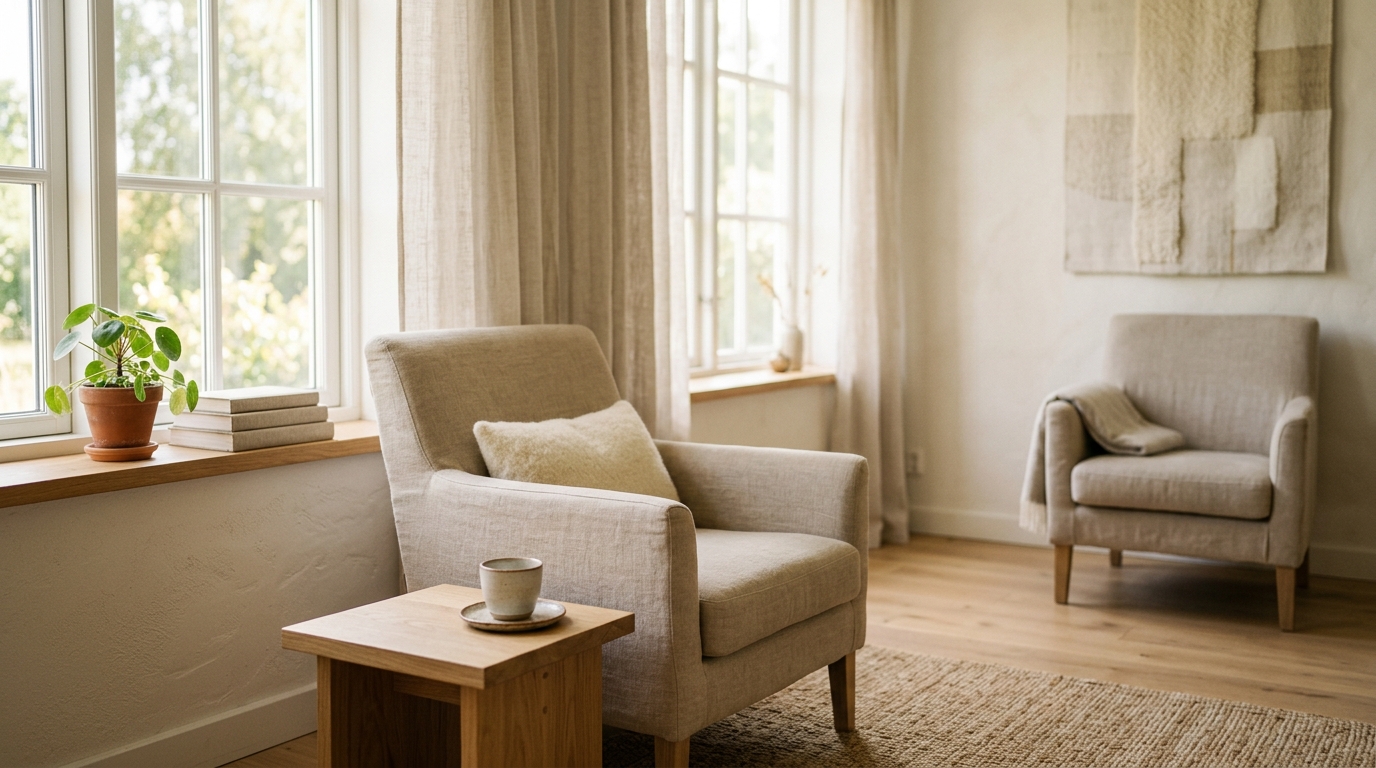 Pièce de consultation calme avec fauteuil en lin, lumière chaude et table basse minimaliste