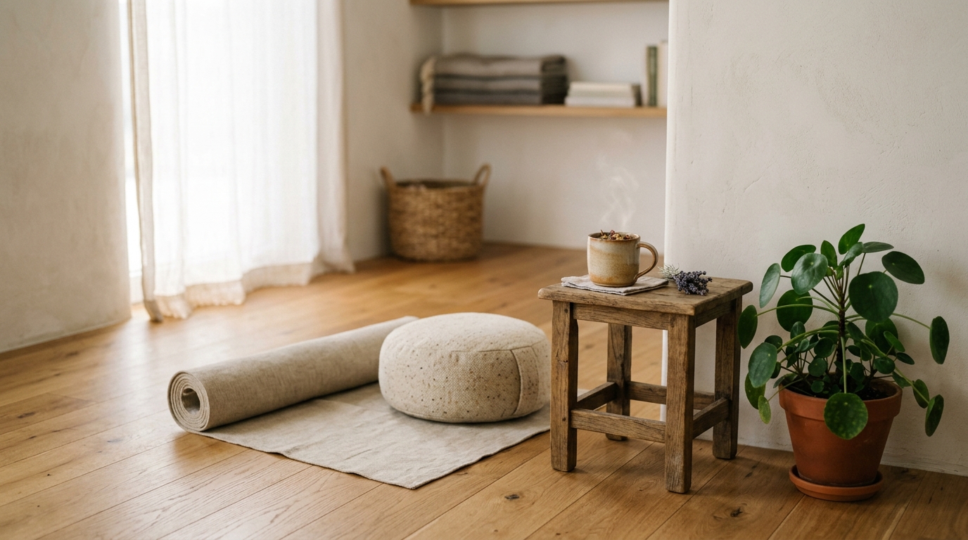 Studio bien-être minimaliste avec tapis de yoga roulé, coussin de méditation et tasse de tisane