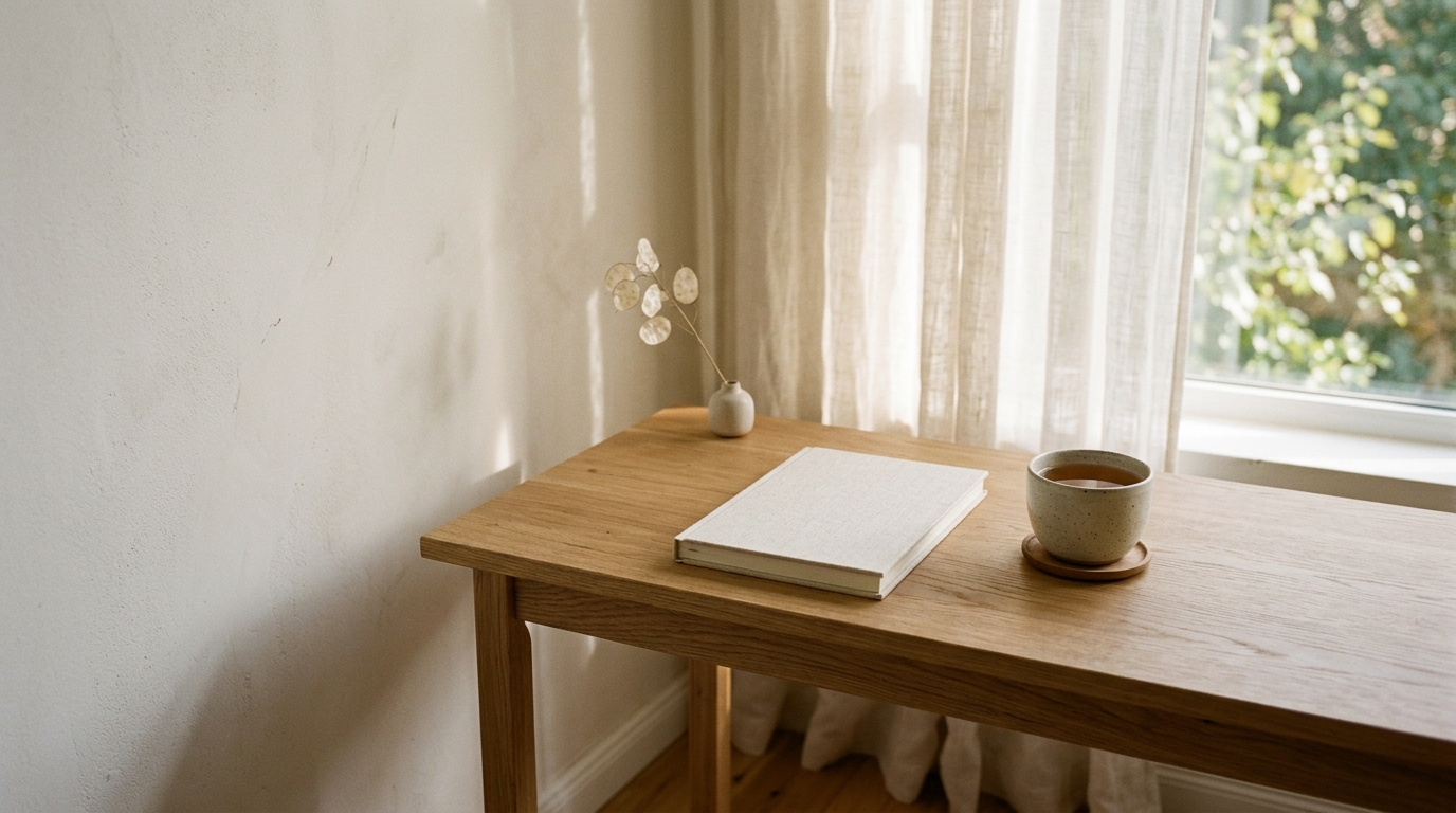 Espace calme avec lumière naturelle douce, carnet fermé et tasse de tisane sur bureau en bois clair
