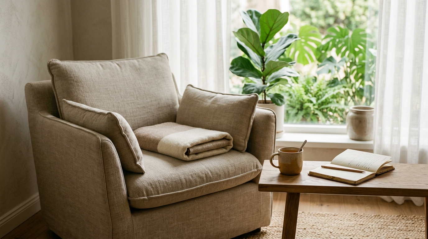 Fauteuil vide en lin neutre avec table basse, tasse chaude et carnet ouvert, lumière douce