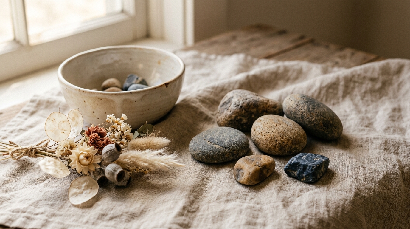 Nature morte avec pierres naturelles sur lin beige, bol en céramique et fleurs séchées